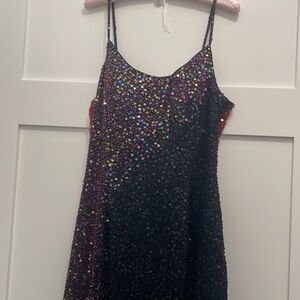 Cassandra Stone Black, Red and Purple Tone Sequin and Beaded Evening Dress